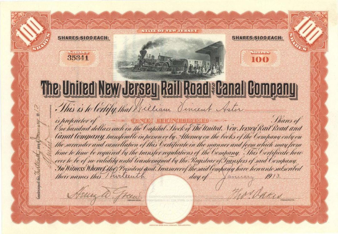 United New Jersey Rail Road and Canal Co. issued to William Vincent Astor - 1913 dated Stock Certificate