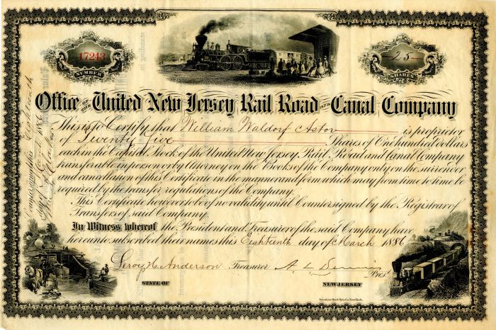United New Jersey Rail Road and Canal Company issued to William Waldorf Astor - Stock Certificate
