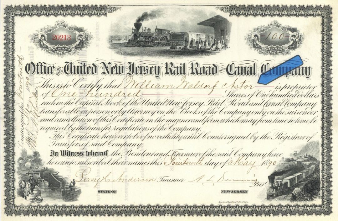 William Waldorf Astor issued to United New Jersey Rail Road & Canal Co. - 1886 or 1890 dated Autographed Stock Certificate
