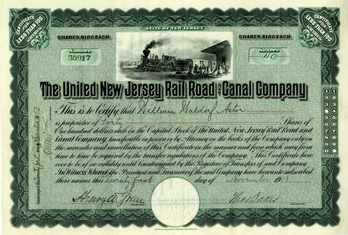 United New Jersey Rail Road and Canal Company issued to William Waldorf Astor - Stock Certificate
