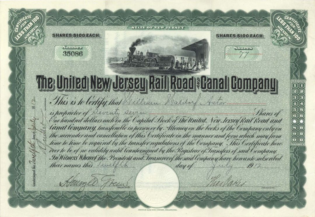 United New Jersey Rail Road and Canal Co. issued to William Waldorf Astor - 1912-1913 dated Stock Certificate