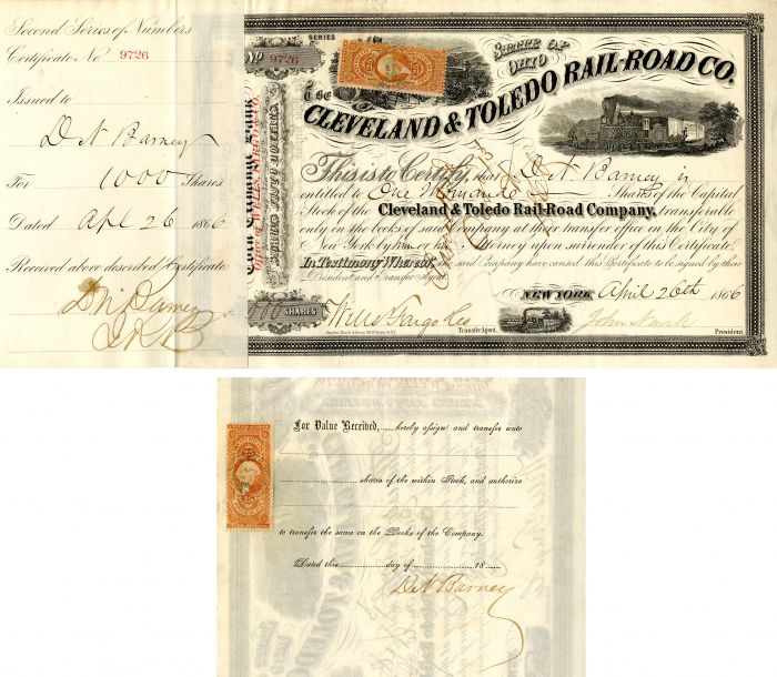 Cleveland and Toledo Rail-Road Co. Issued to and Signed by D.N. Barney