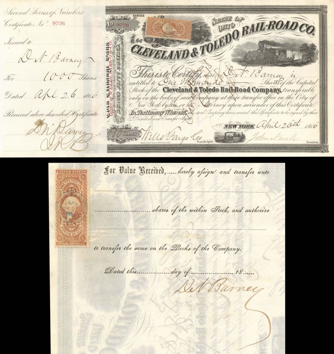 Cleveland and Toledo Rail-Road Co. Issued to and Signed by D.N. Barney - 1866 dated Autographed Stock Certificate