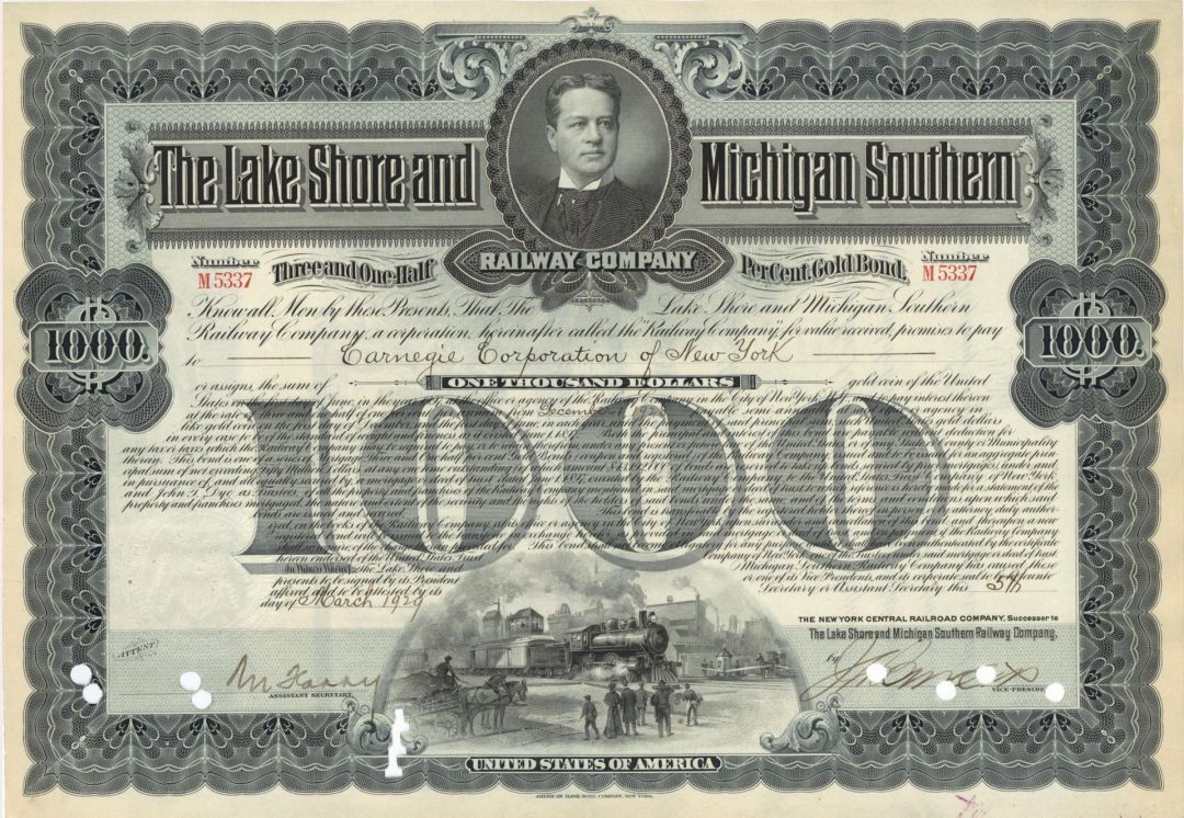 Lake Shore and Michigan Southern Railway Co. issued to Carnegie Corporation of New York - 1929 dated $1,000 Bond