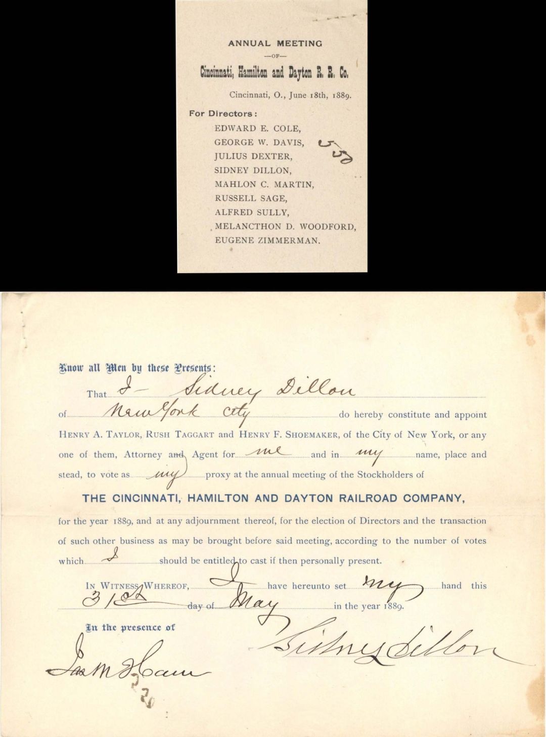 Cincinnati, Hamilton and Dayton Railroad Co. Appointment Issued to and Signed by Sidney Dillon - 1889 dated Autographed Stock Appointment