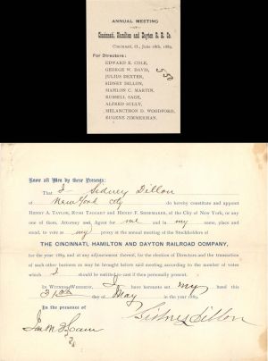 Cincinnati, Hamilton and Dayton Railroad Co. Appointment Issued to and Signed by Sidney Dillon - 1889 dated Autographed Stock Appointment