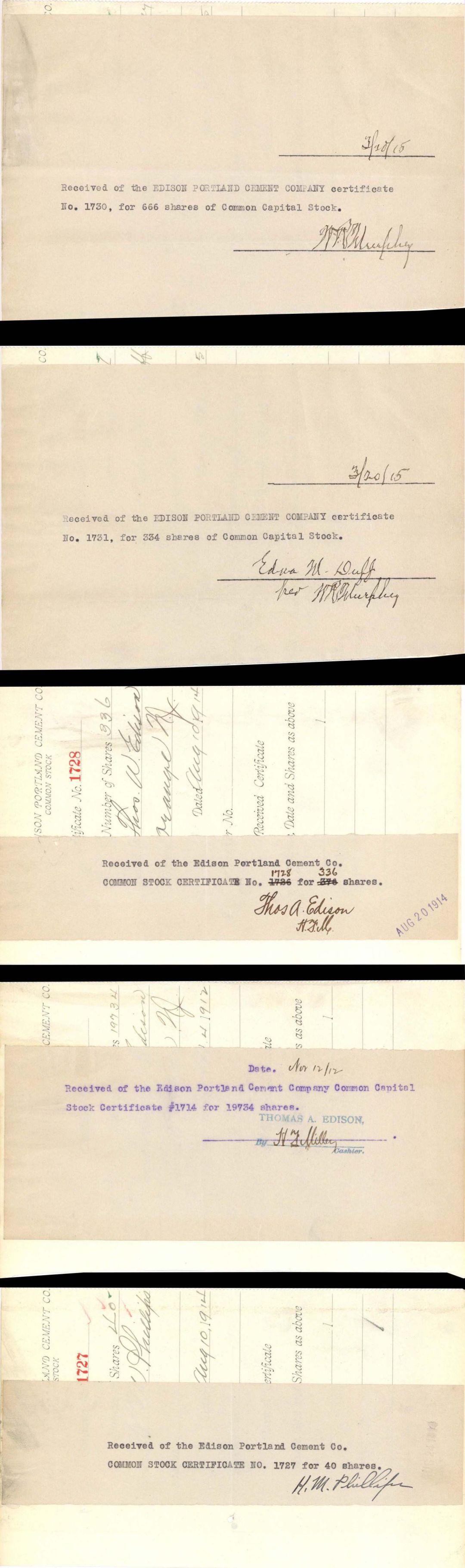 Group of Edison Portland Cement Co. Stubs 2 related to Edison - 1912-1915 dated Stock Certificate