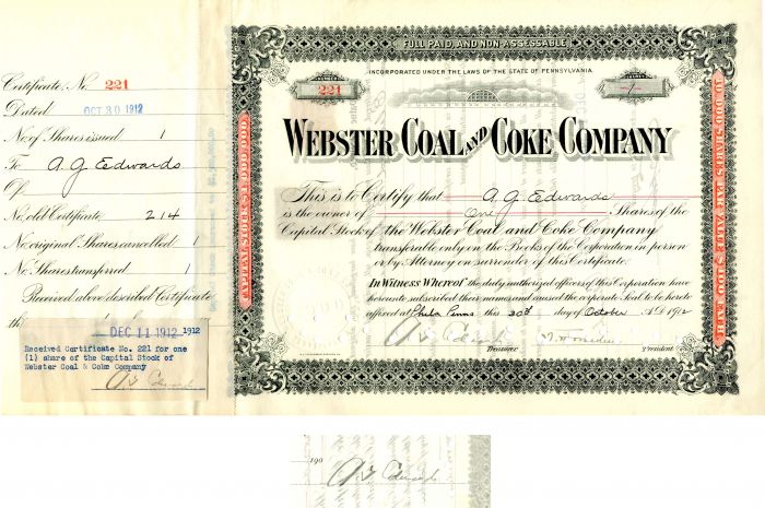 Webster Coal and Coke Co. issued to and signed by A.G. Edwards