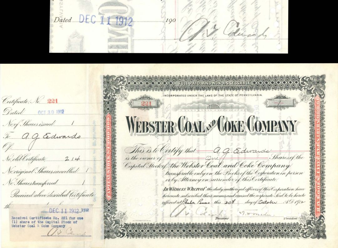 Webster Coal and Coke Co. issued to and signed by A.G. Edwards 3 times - 1912 dated Autographed Stock Certificate