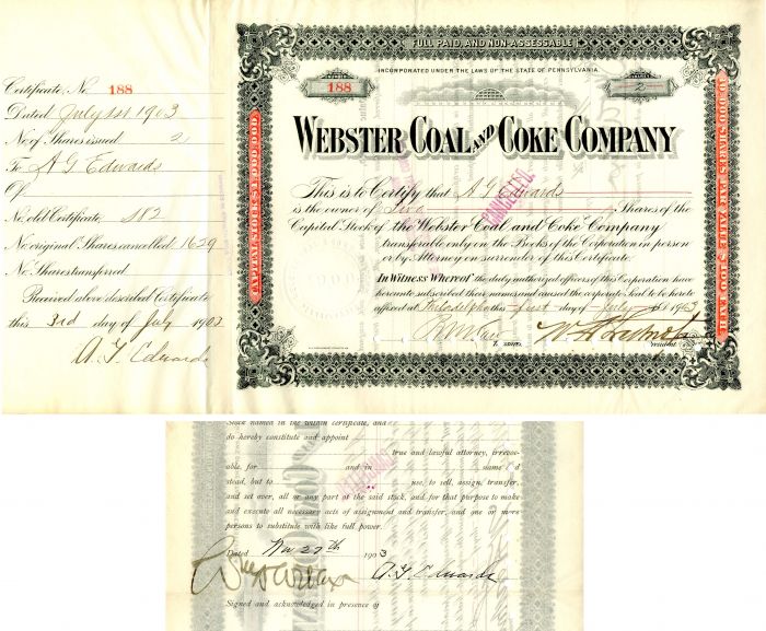 Webster Coal and Coke Co. issued to and signed by A.G. Edwards