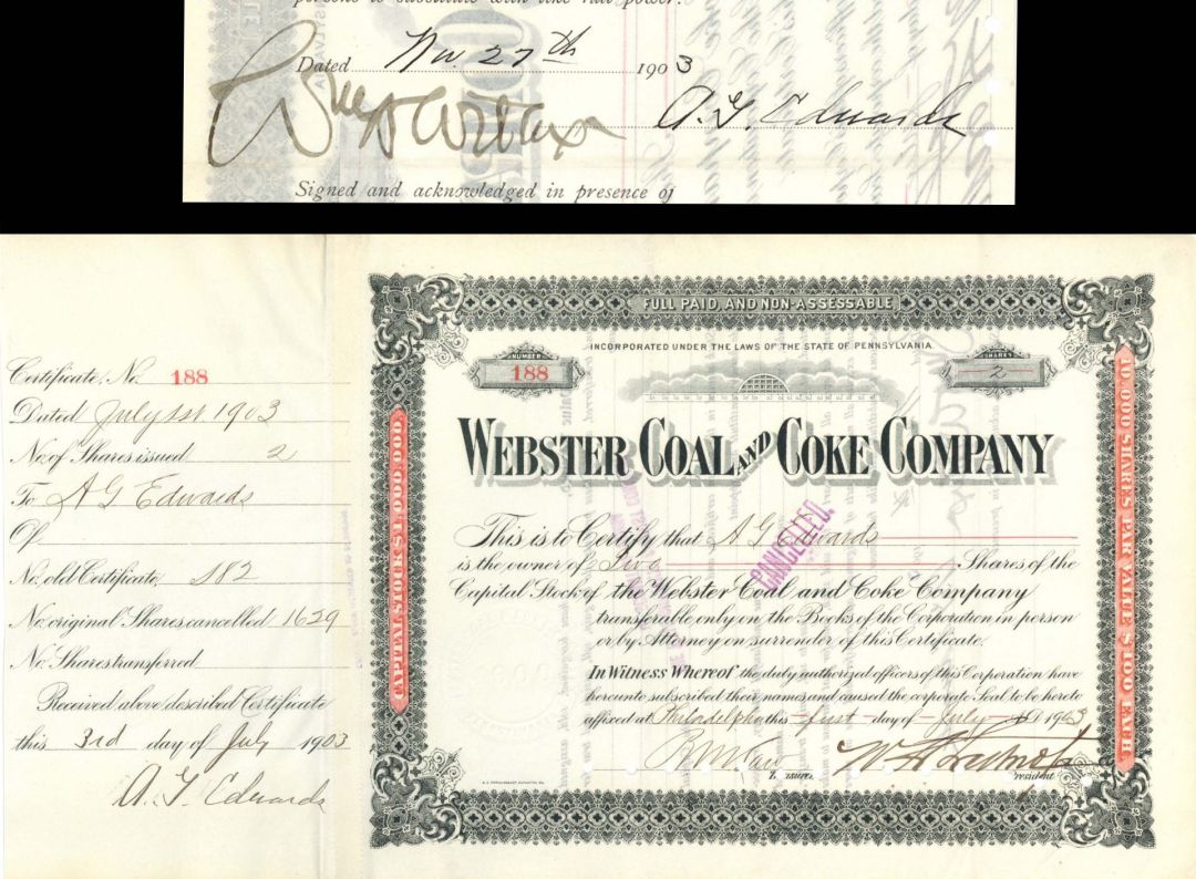 Webster Coal and Coke Co. issued to and signed by A.G. Edwards twice - 1903 dated Autographed Stock Certificate