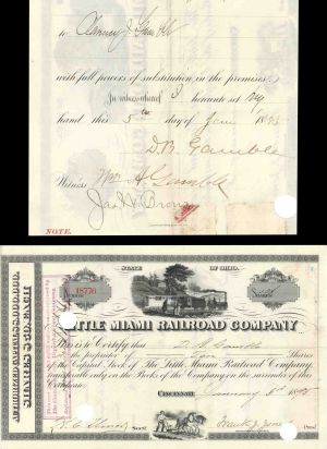 Little Miami Railroad Co. issued to D. B. Gamble or Mary H. Gamble - 1882 or 1895 dated Autograph Railway Stock Certificate