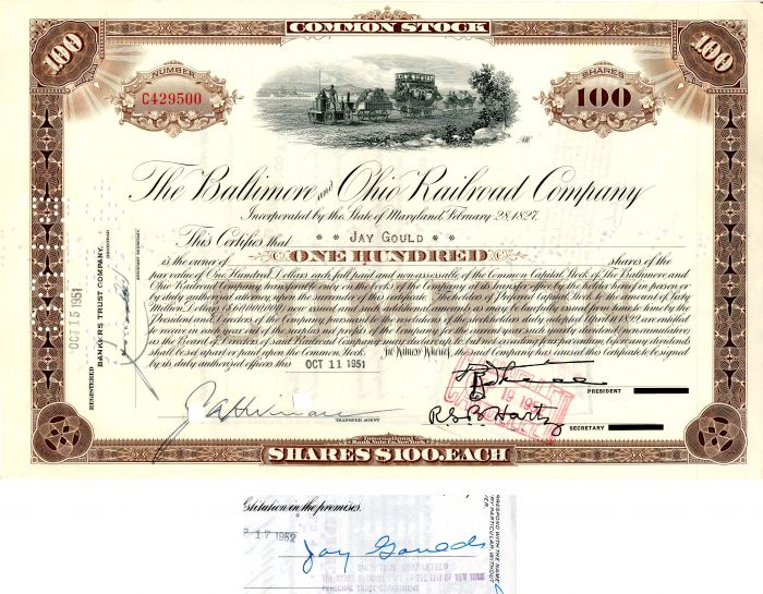 Baltimore and Ohio Railroad Co. issued to and signed by Jay Gould - Maybe Relative of Jason "Jay" Gould - Railway Stock Certificate