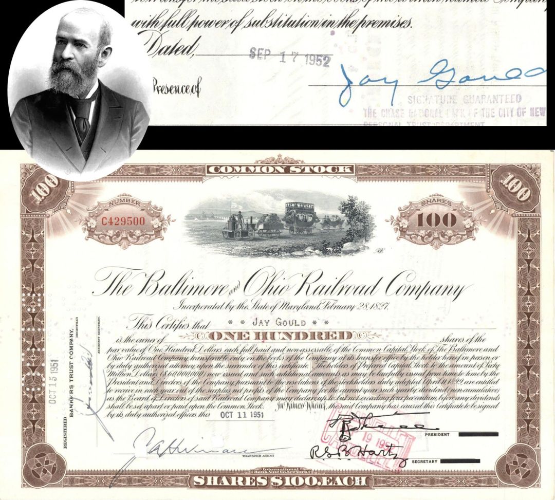 Baltimore and Ohio Railroad Co. issued to and signed by Jay Gould - Maybe Relative of Jason Jay Gould - 1951 dated Railway Stock Certificate