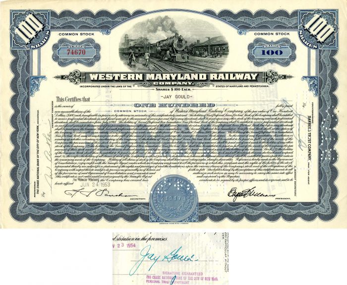 Western Maryland Railway Co. issued to and signed by Jay Gould - Could be an ancestor! Stock Certificate