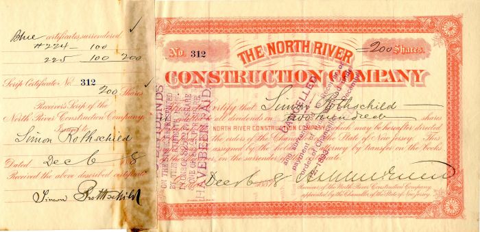 North River Construction Co. issued to and signed by Simon Rothschild - Stock Certificate