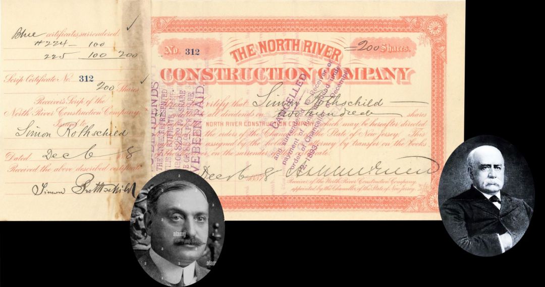 North River Construction Co. issued to and signed by Simon Rothschild and Ashbel Greene - 1888 dated Autographed Stock Certificate
