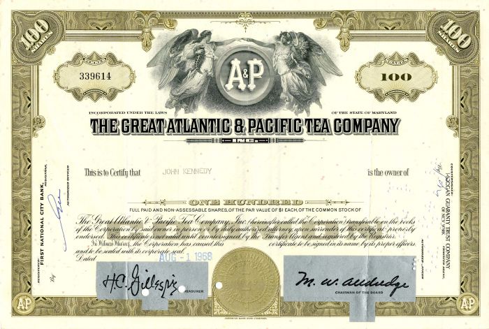 Great Atlantic and Pacific Tea Co. issued to John Kennedy - Stock Certificate