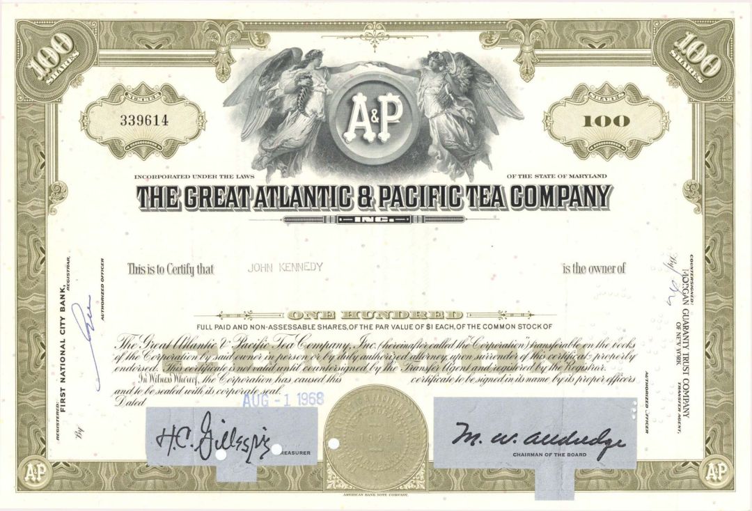 Great Atlantic and Pacific Tea Co. issued to John Kennedy - 1968 or 1971 dated Stock Certificate