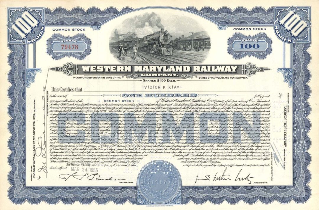 Western Maryland Railway Co. issued to Victor K. Kiam - 1955 dated Stock Certificate