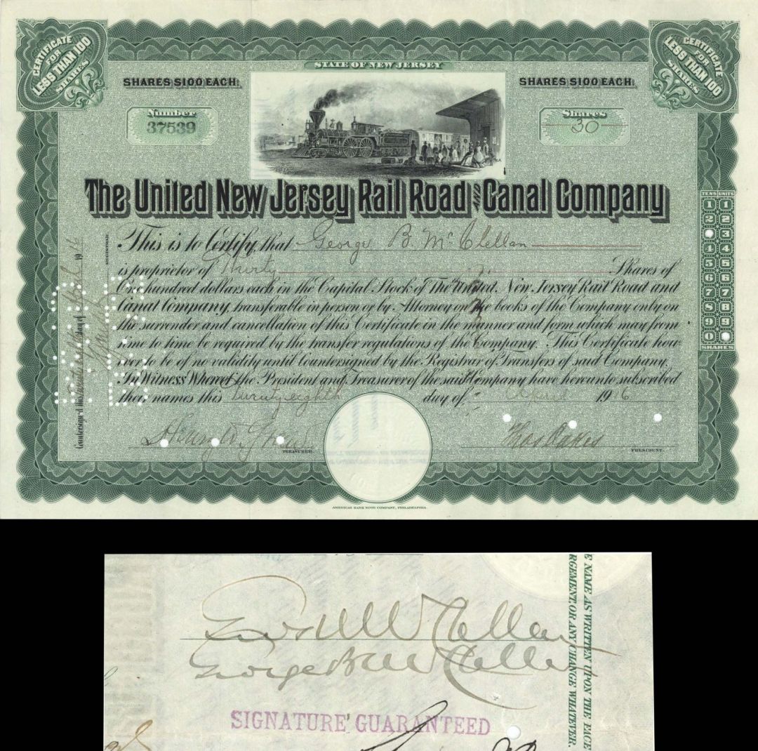 United New Jersey Rail Road and Canal Co. issued to and signed by George B. McClellan - 1916 dated Autographed Stock Certificate