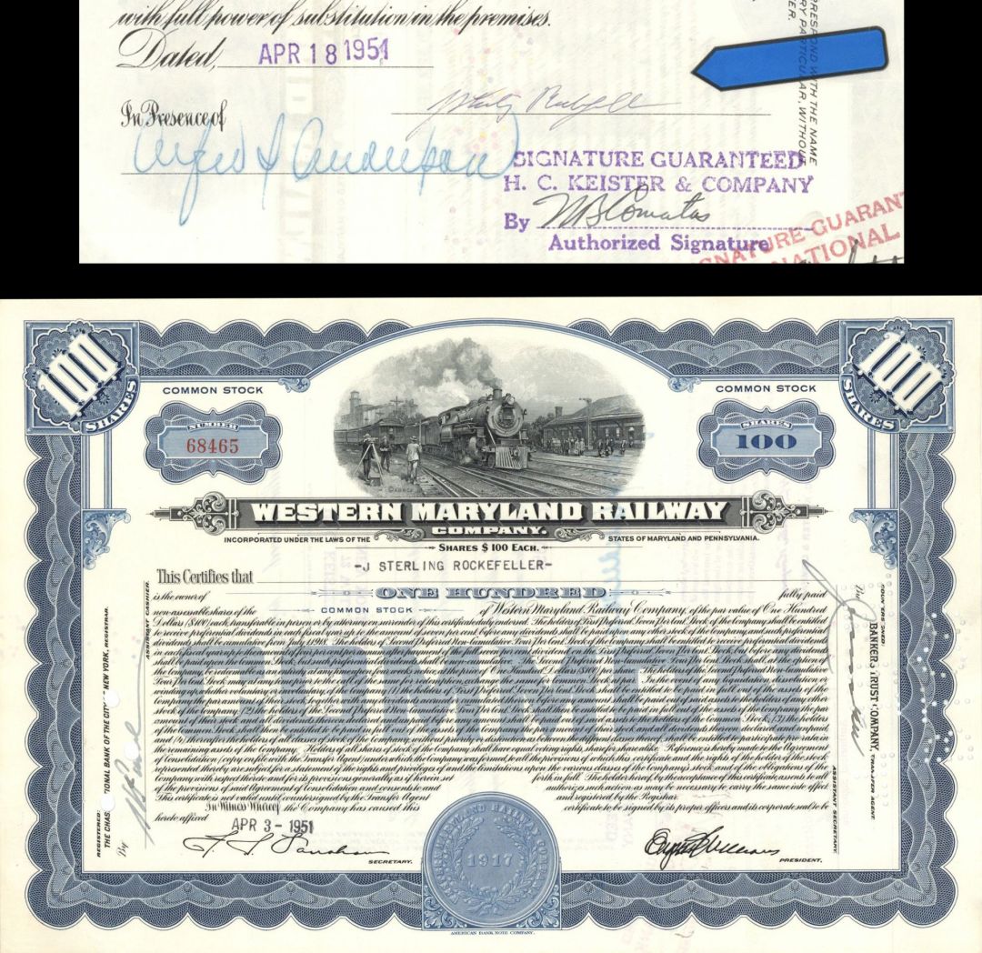 Western Maryland Railway Co. issued to and signed by J. Sterling Rockefeller - 1951 dated Autographed Stock Certificate