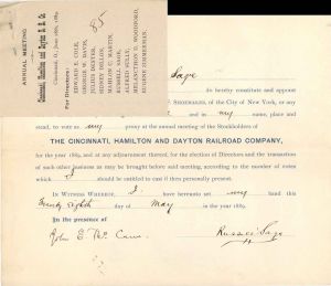 Cincinnati, Hamilton and Dayton Railroad Co. signed by Russell Sage - 1889 dated Autographed Stock Certificate
