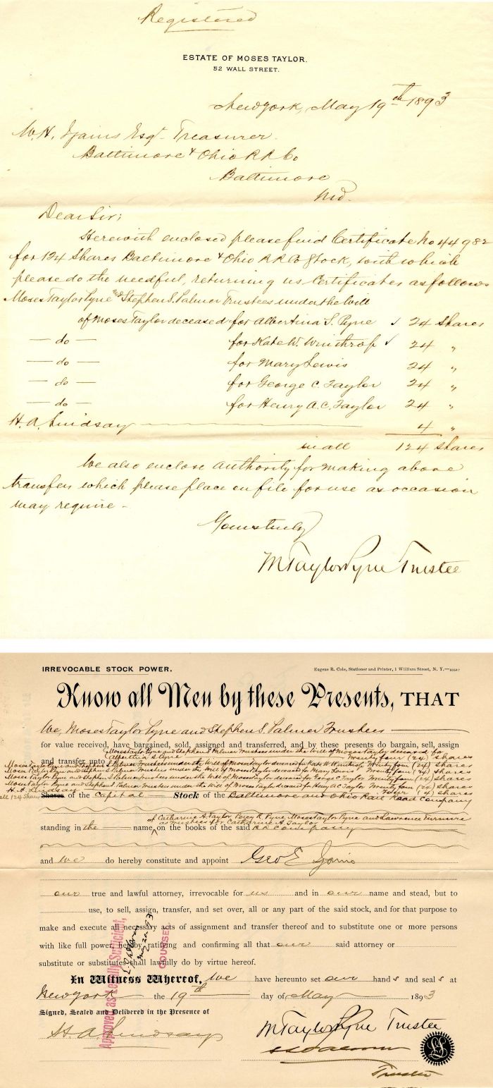 Power of Attorney and letter signed by Moses Taylor Pyne - Autograph