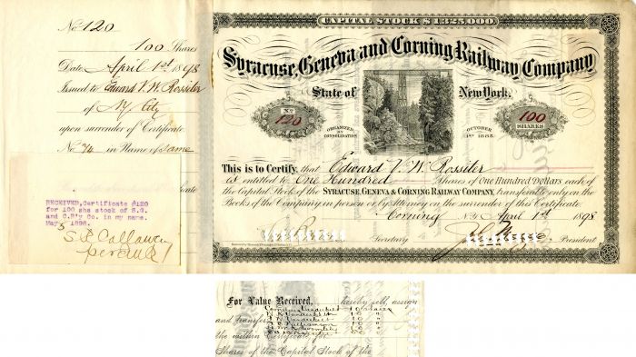 Syracuse, Geneva and Corning Railway Co. issued to and signed by Edward V. W. Rossiter - 1890's dated Stock Certificate