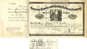 Syracuse, Geneva and Corning Railway Co. issued to and signed by Edward V. W. Rossiter - 1890's dated Stock Certificate