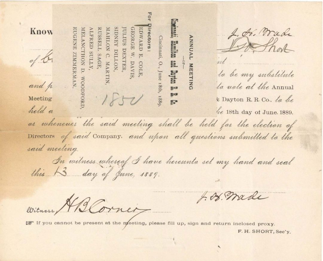 Cincinnati, Hamilton and Dayton Railroad Co. signed by J. H. Wade - 1889 dated Autographed Stock Certificate