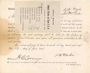 Cincinnati, Hamilton and Dayton Railroad Co. signed by J. H. Wade - 1889 dated Autographed Stock Certificate