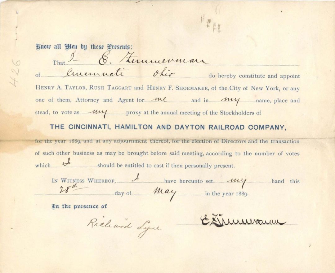 Cincinnati, Hamilton and Dayton Railroad Co. signed by Eugene Zimmerman - 1889 dated Autographed Stock Certificate