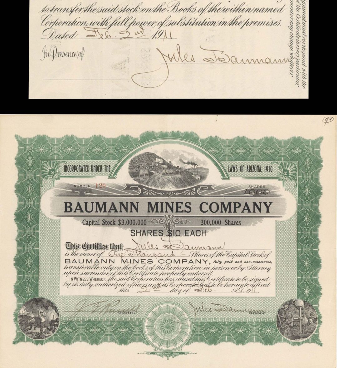 Baumann Mines Co. Issued to and Signed by Jules Baumann - 1911 dated Autographed Stock Certificate