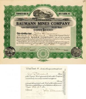 Baumann Mines Co. Issued to and Signed by Jules Baumann