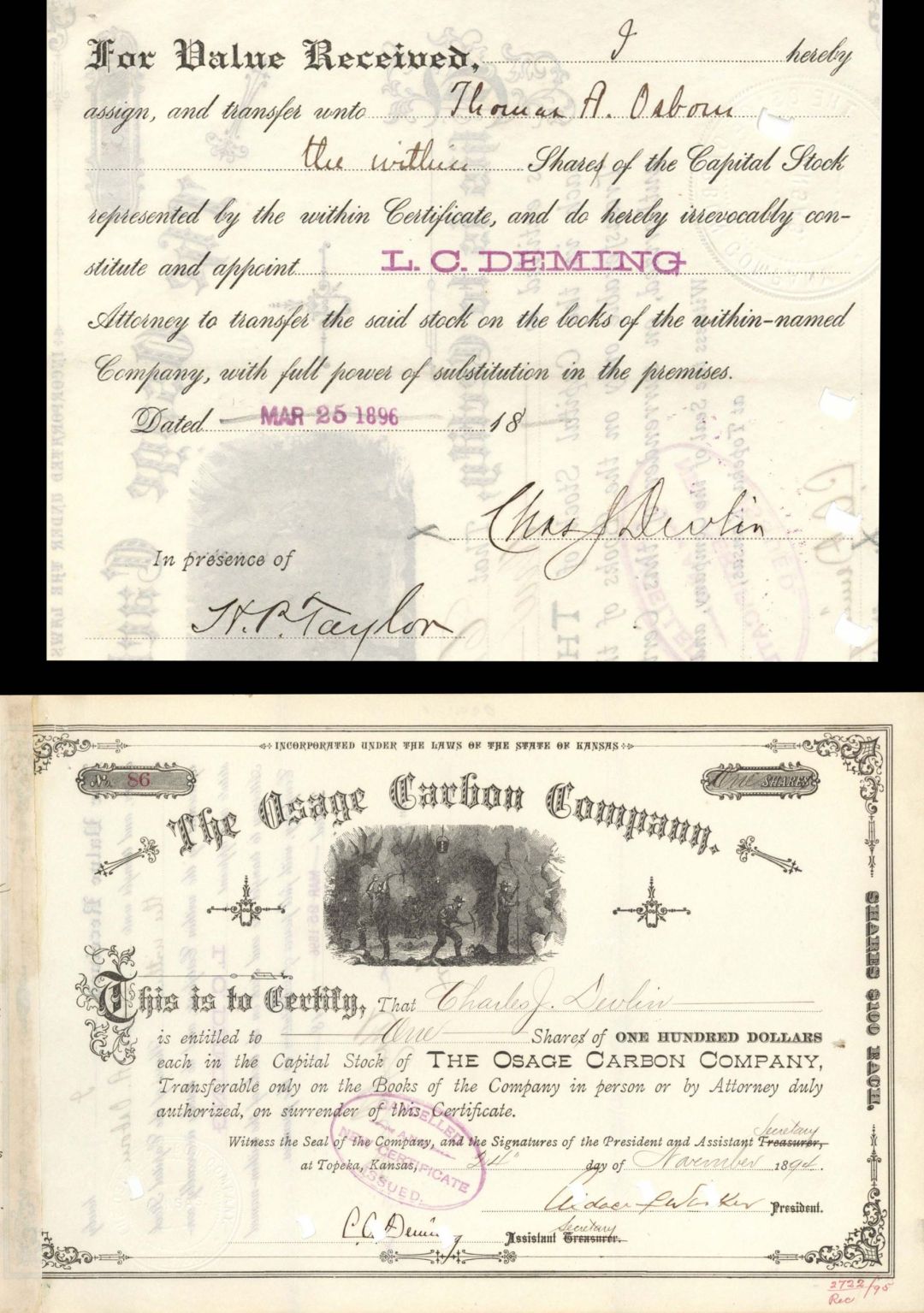 Osage Carbon Co. Issued to and Signed by Charles J. Devlin - 1894 dated Autographed Stock Certificate