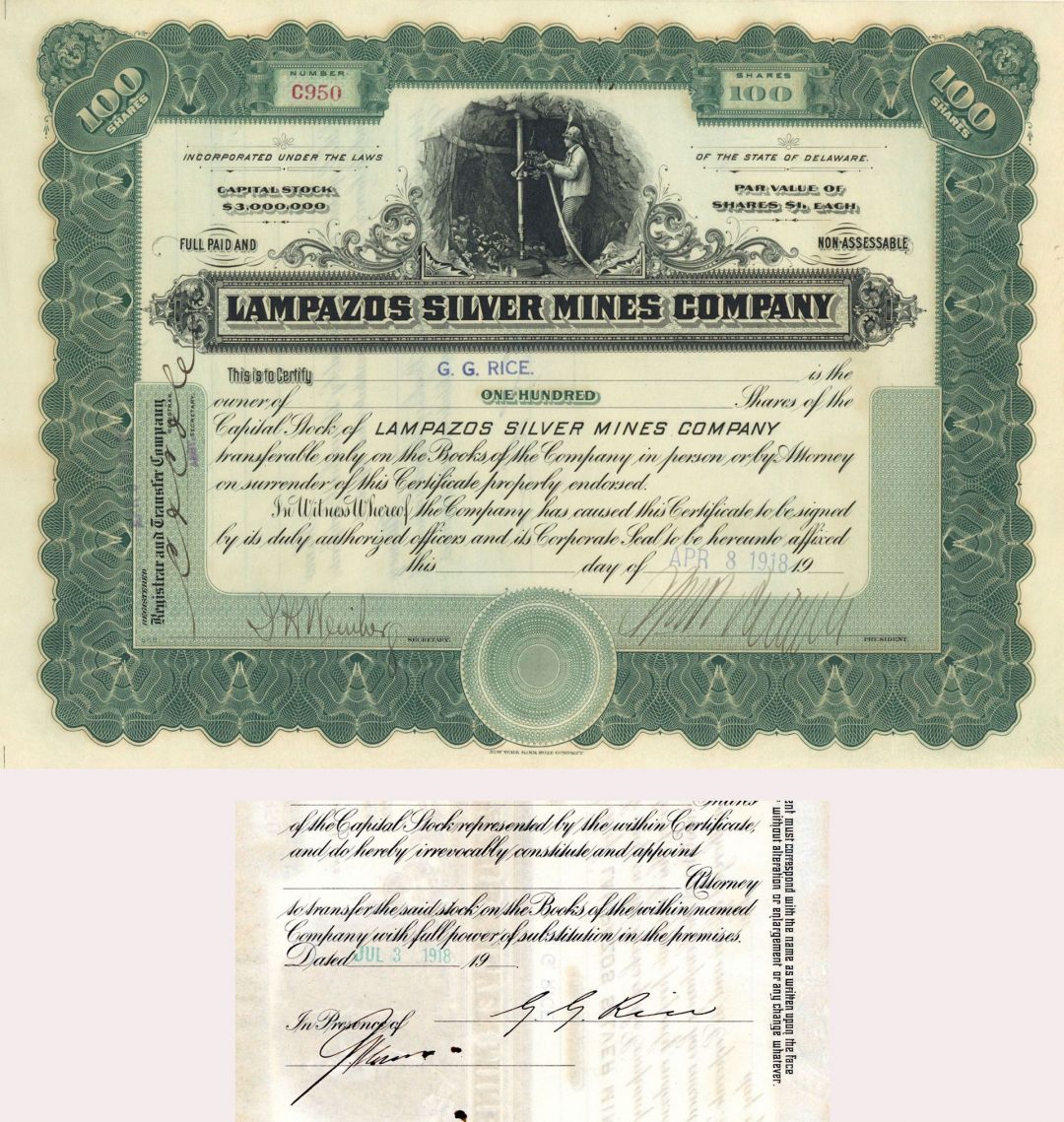 Lampazos Silver Mines Co. signed at back by G.G. Rice - Autographed Stocks and Bonds