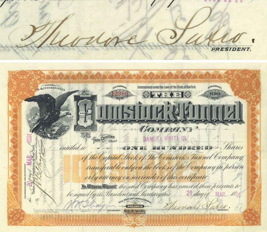 Comstock Tunnel Co. signed by Theodore Sutro - 1891 dated Autograph Stock Certificate