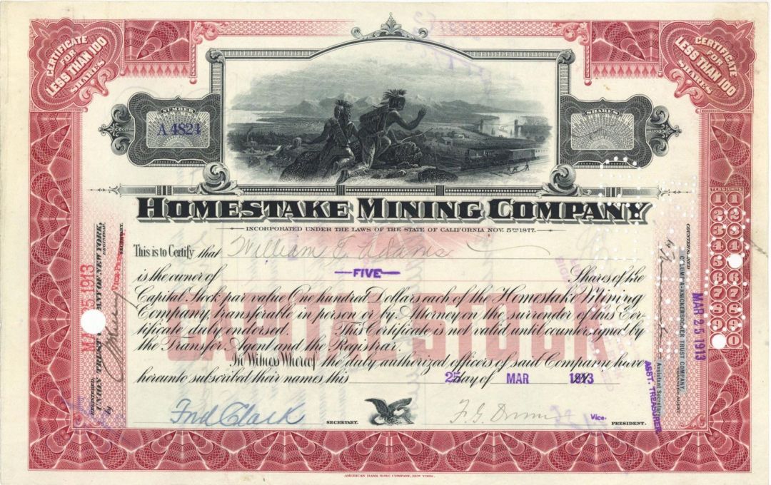 Homestake Mining Co. signed by Fred Clark - 1913 Autograph Mining Stock Certificate