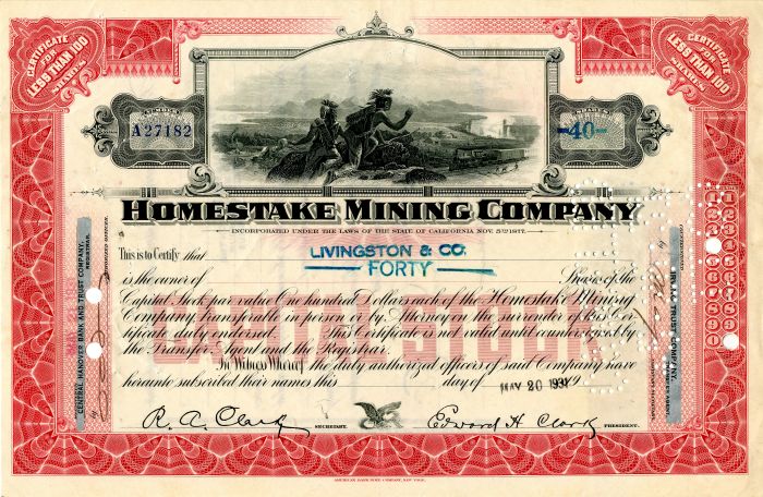 Homestake Mining Co. with printed signature of Fred Clark and Edward H. Clark - Stock Certificate