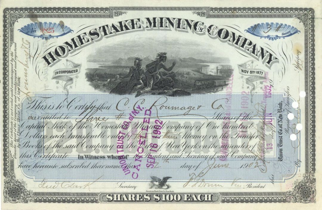 Homestake Mining Co. signed by Fred Clark - 1902 dated Autograph Mining Stock Certificate
