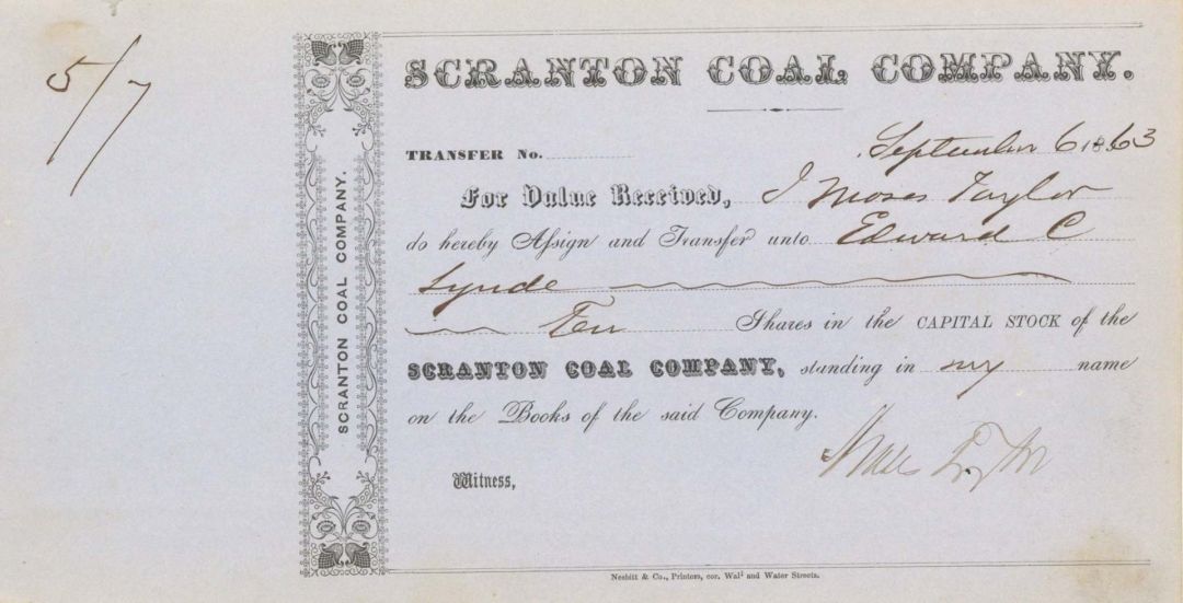 Scranton Coal Co. signed by Moses Taylor - 1863 dated Autographed Transfer