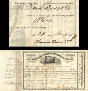 Michigan Southern and Northern Indiana Railroad Co. signed by Thomas C. Durant and C.W. Durant - 1856 dated Autographed Stock Certificate
