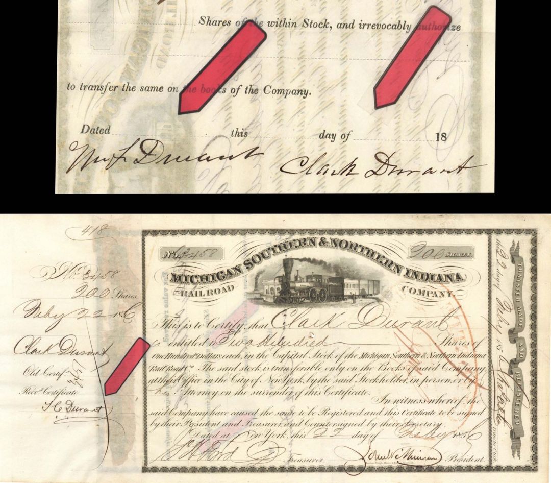 Michigan Southern and Northern Indiana Railroad Co. signed by Thomas C. Durant and Clark Durant - 1856 dated Autographed Stock Certificate
