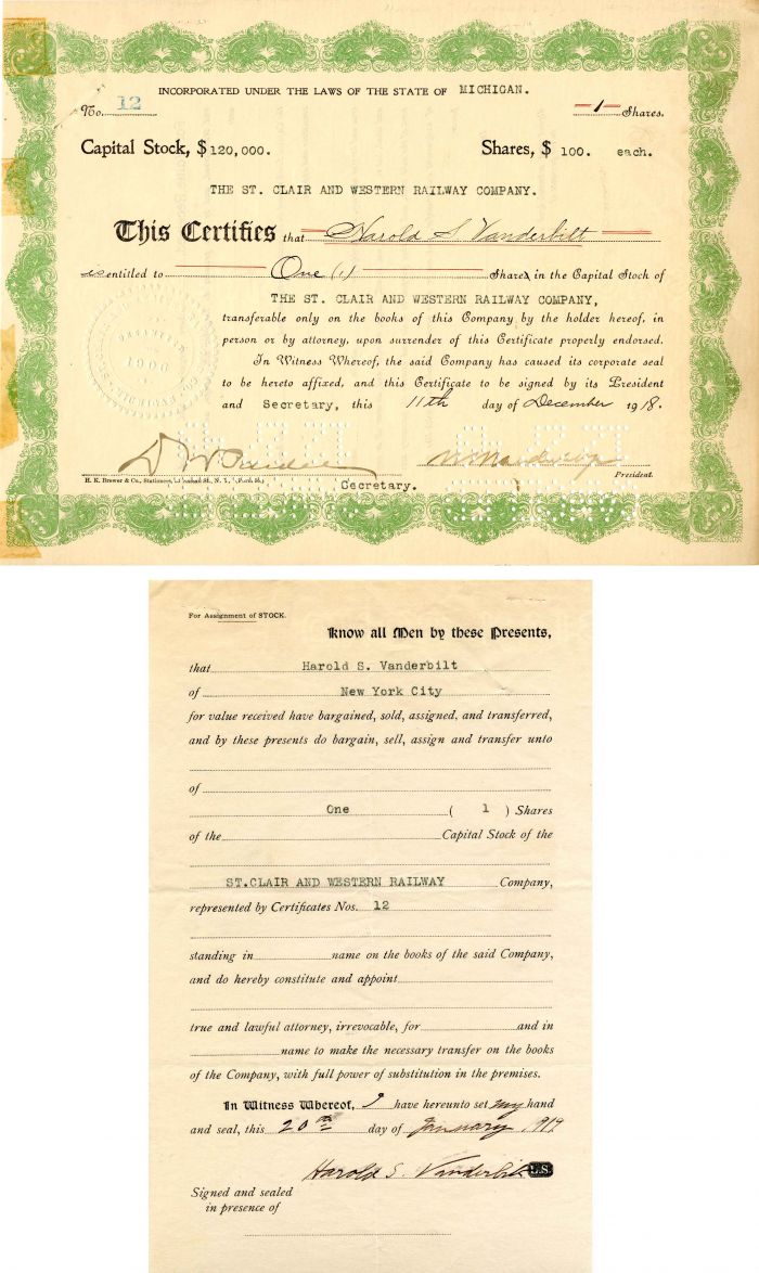 Harold S. Vanderbilt signs transfer on St. Clair and Western Railway Co. - Stock Certificate