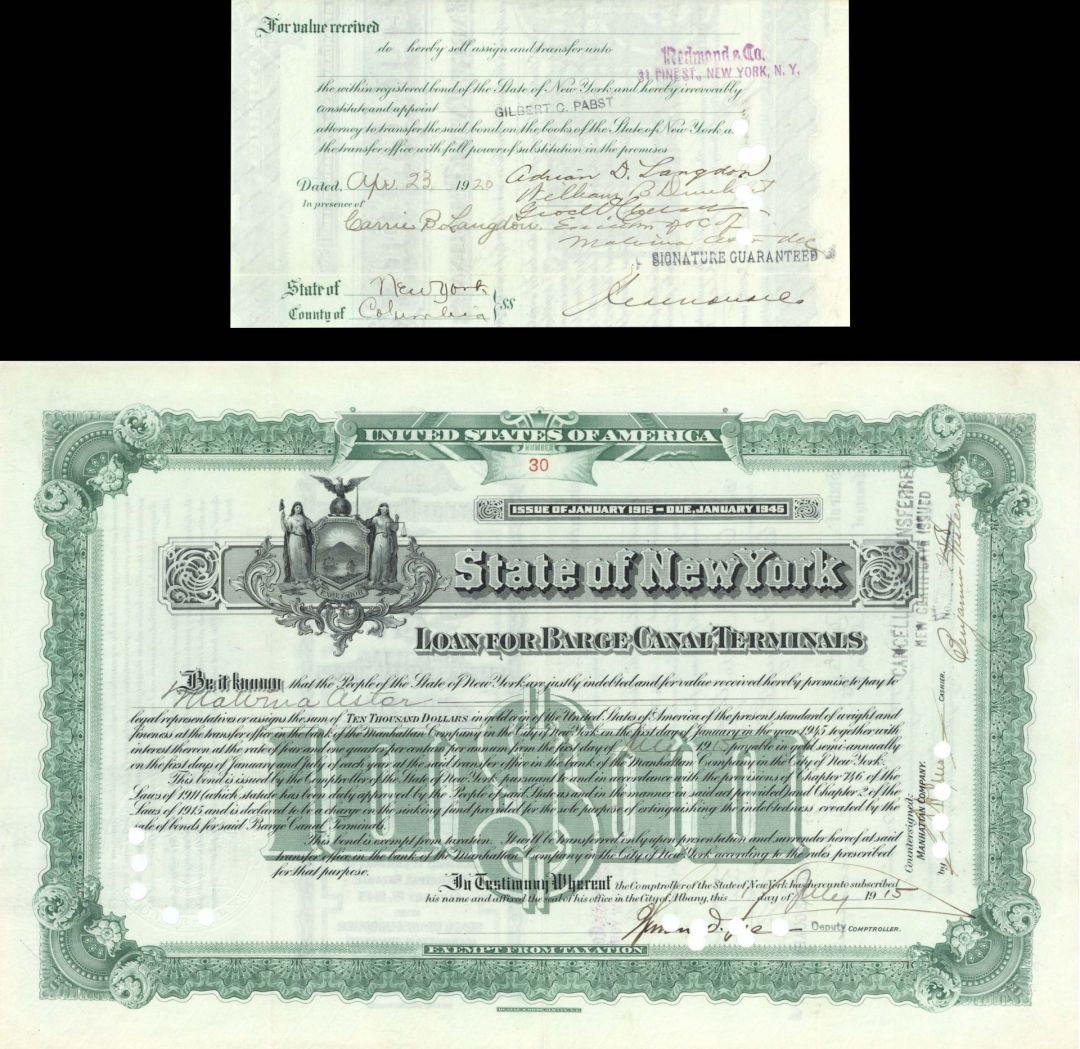 State of New York Issued to Malvina Astor - $10,000 1915 dated Bond