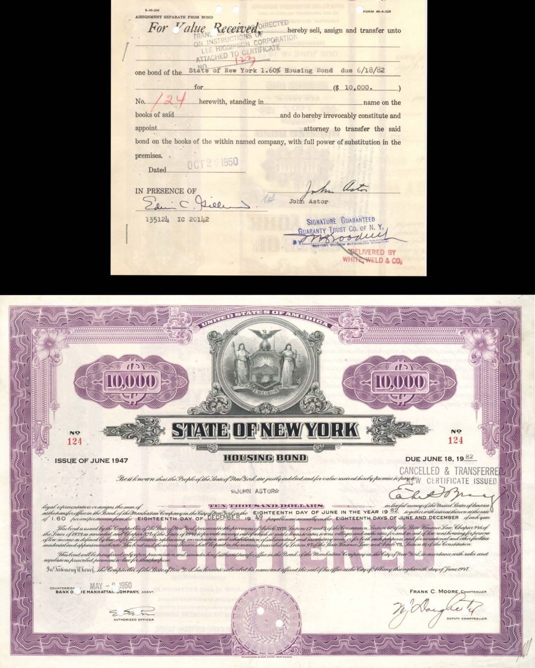 State of New York Issued to and signed by John Astor - $10,000 Bond 1950 dated Autographed Bond