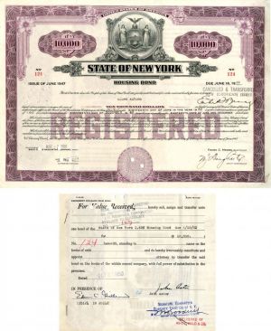 State of New York Issued to and signed by John Astor - $10,000 Bond