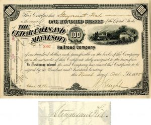 Cedar Falls and Minnestoa Railroad Co. Issued to and signed by Stuyvesant Fish - Stock Certificate