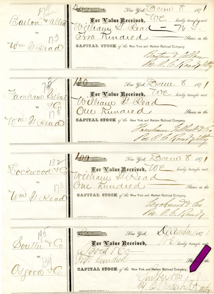 New York and Harlem Railroad Co. Sheet of 4 Signed by C. Vanderbilt, Jr. - Railway Stock Certificate